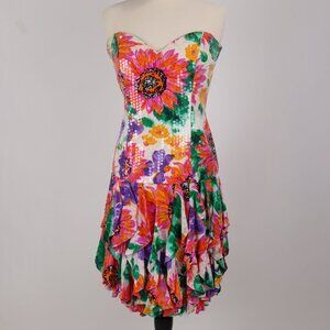 🌺 Vtg A.J. Bari Tropical Floral Ruffled Tierred Strapless Dress Party Resort